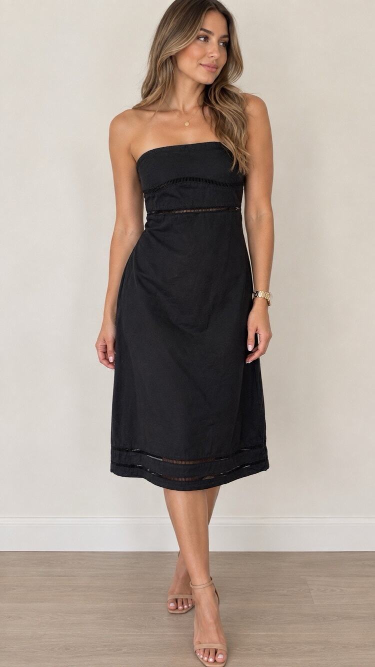 Abercrombie Linen Blend Strapless Midi Dress Large Black Peekaboo Trim 3112